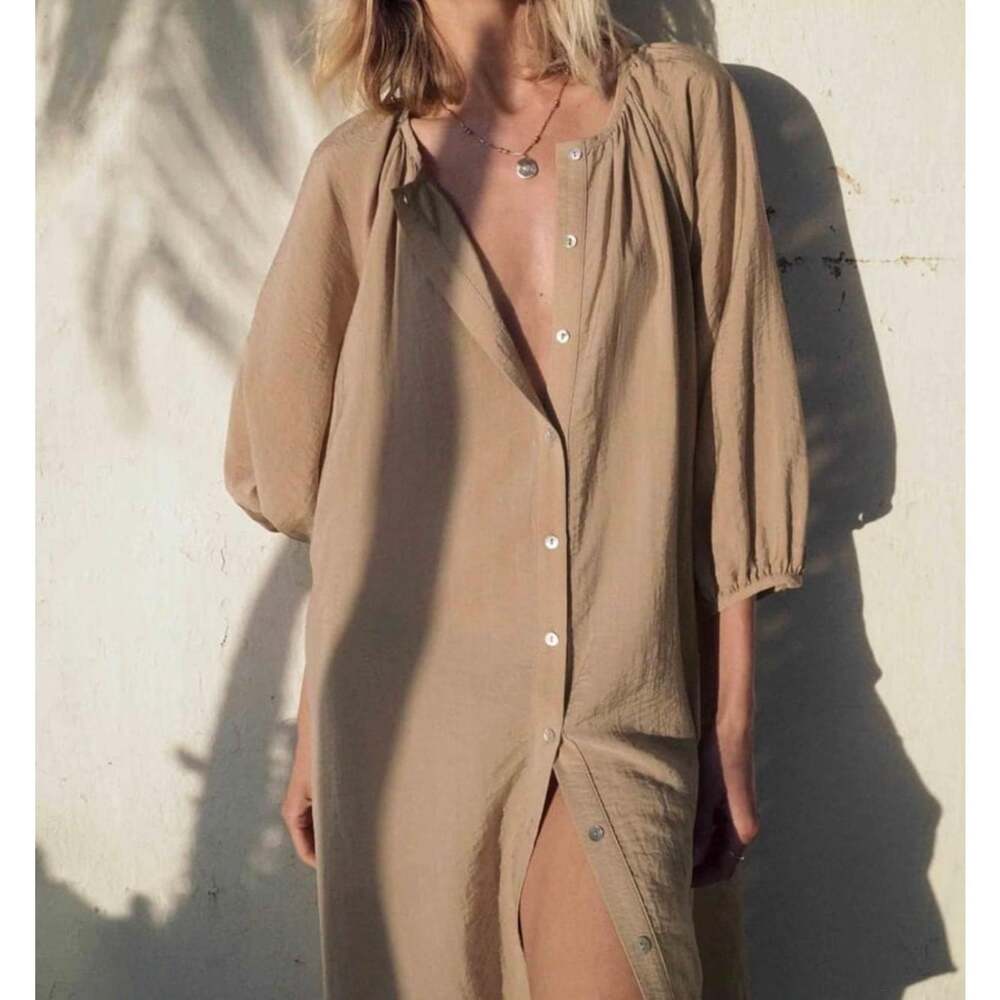 Zara Balloon Sleeve Button Front Midi Dress Tan Beige Size XS Lyocell Blend